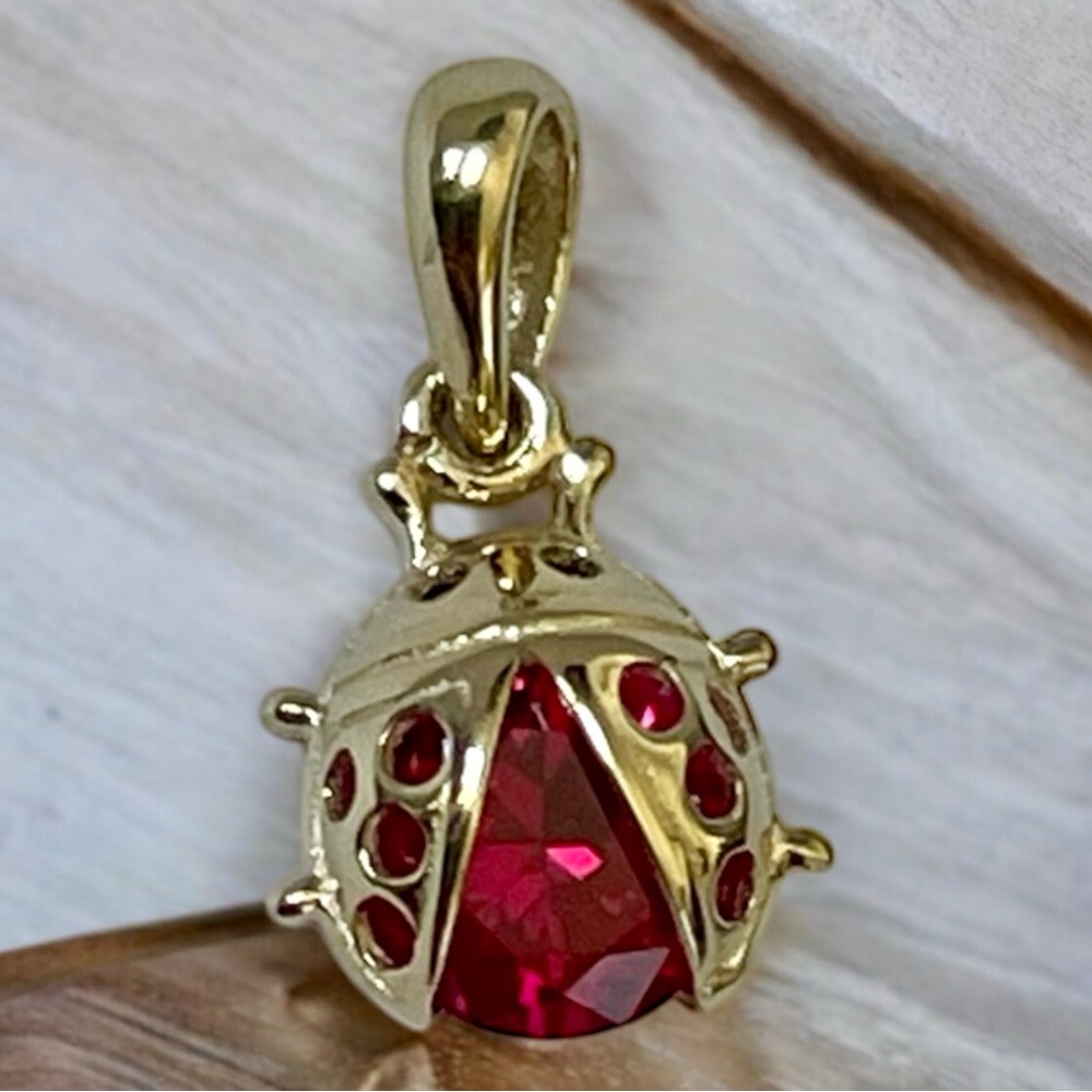 14k Yellow Gold Mini Ladybug Charm Pendant with Red CZ Stone